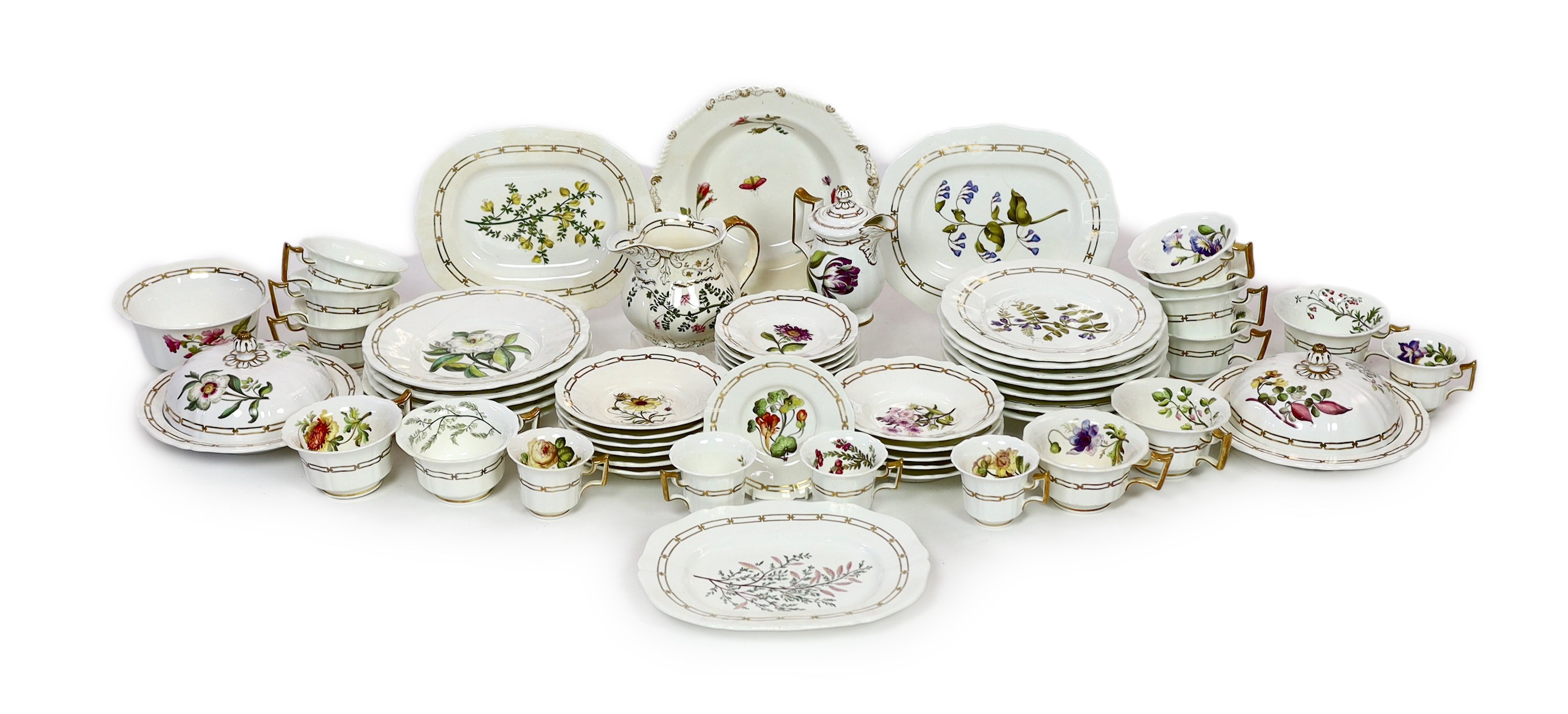 A rare Rockingham botanical specimen part breakfast service, griffin statant mark, c.1826, with some matching pieces, c.1830-5